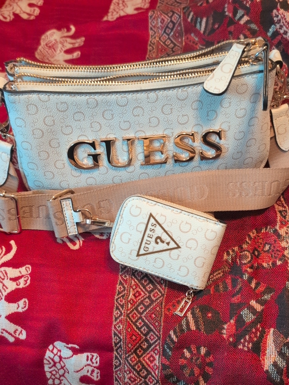 GUESS Beige Logo Crossbody with Removable Coin Pouch and Wide Strap
